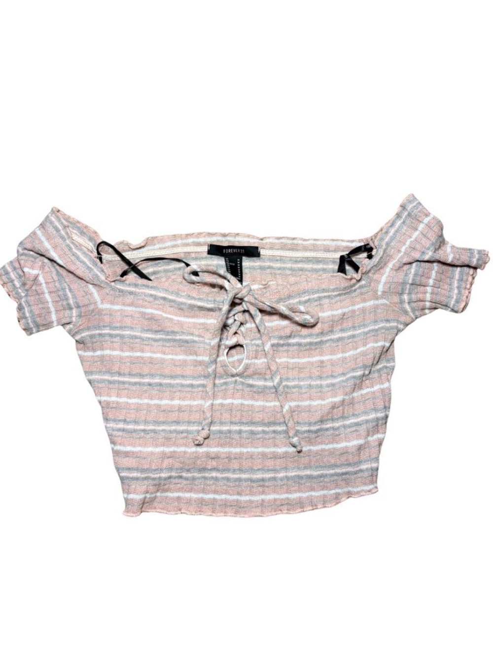 Forever 21 Pink and Gray Striped Off-Shoulder Lace-Up Crop Top